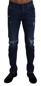 Dolce & Gabbana Blue Cotton Skinny Tattered Denim Jeans - Zeiniez