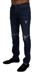 Dolce & Gabbana Blue Cotton Skinny Tattered Denim Jeans - Zeiniez