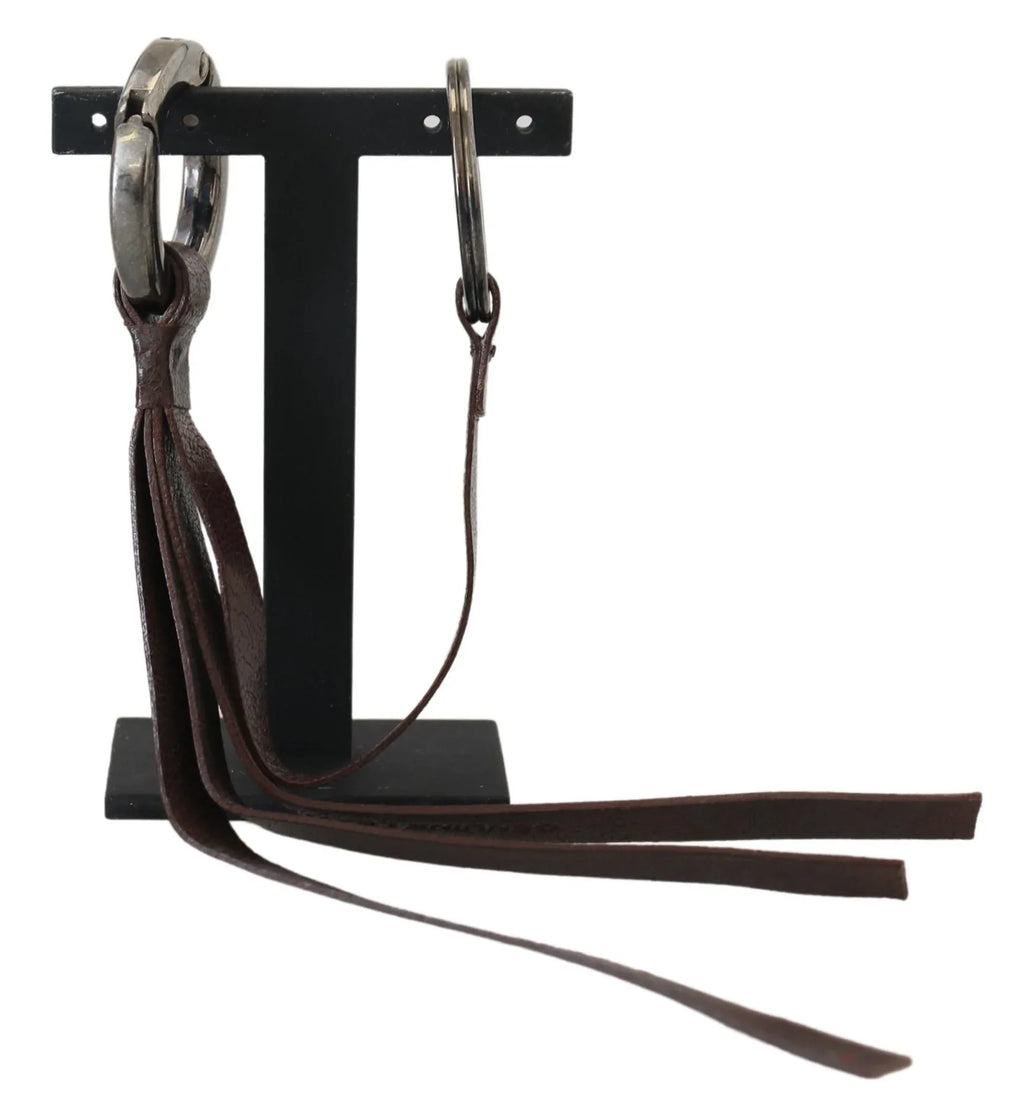 Costume National Brown Leather Silver Tone Metal Keyring Keychain - Zeiniez