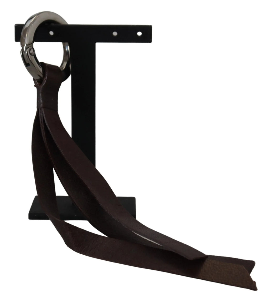 Costume National Brown Leather Silver Tone Metal Keyring Keychain - Zeiniez