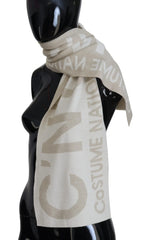 Costume National Beige White Logo Wrap Warmer Shawl Scarf - Zeiniez