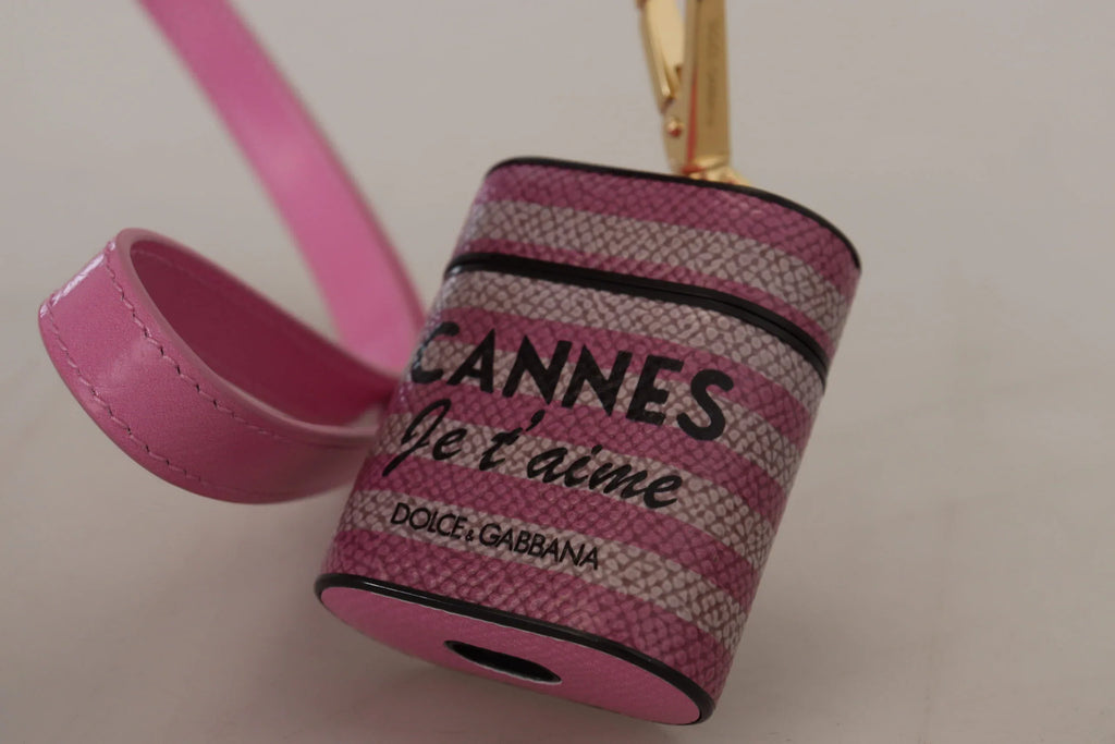 Dolce & Gabbana Pink Black Leather Strap Gold Metal Logo Airpods Case - Zeiniez