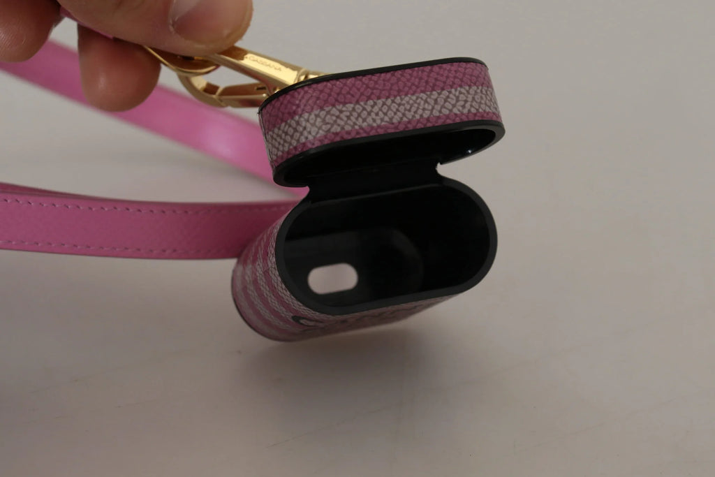 Dolce & Gabbana Pink Black Leather Strap Gold Metal Logo Airpods Case - Zeiniez