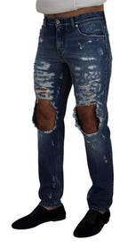Dolce & Gabbana Blue Cotton Tattered Men Denim Jeans - Zeiniez
