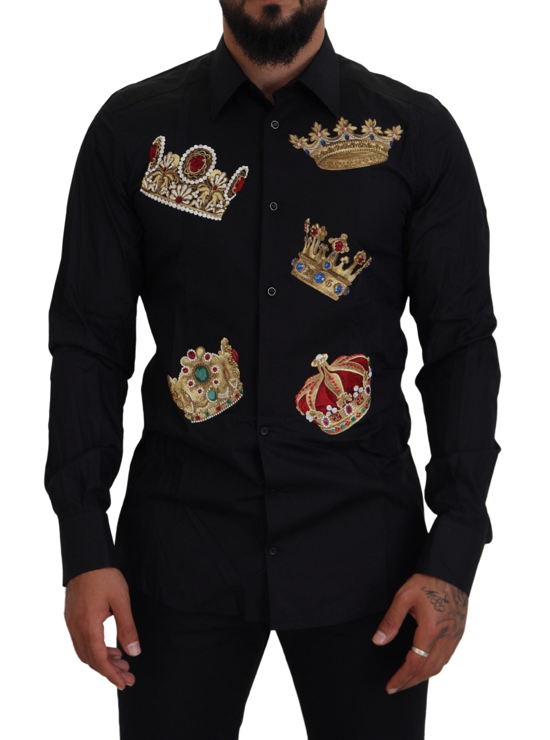 Dolce & Gabbana Black Gold Crown Slim Fit Dress Formal Shirt - Zeiniez