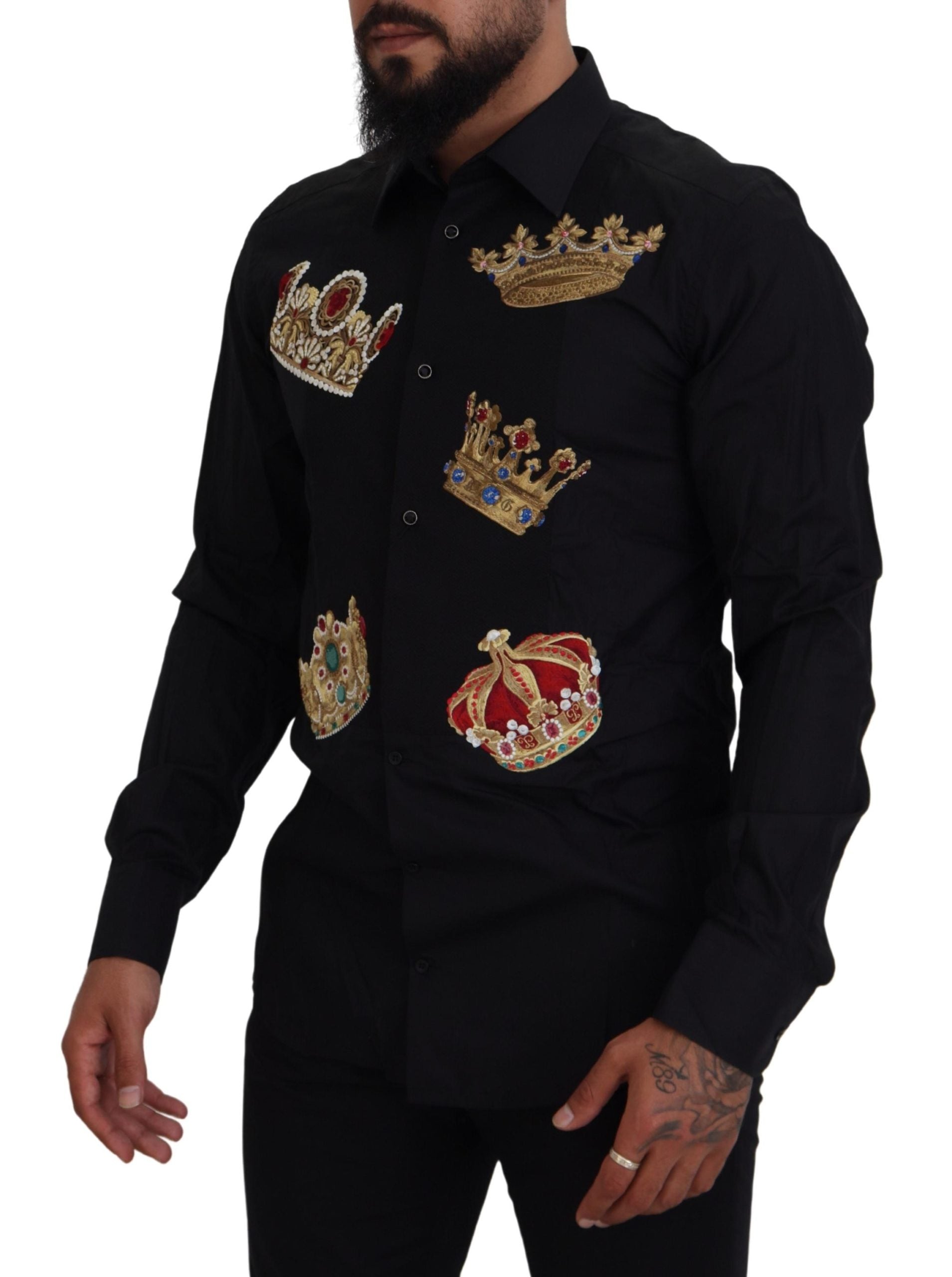 Dolce & Gabbana Black Gold Crown Slim Fit Dress Formal Shirt - Zeiniez