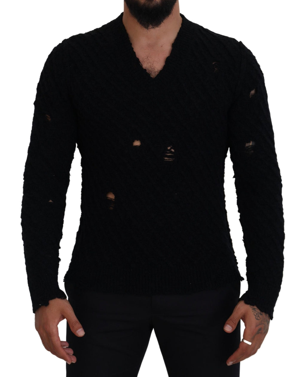 Dolce & Gabbana Black Wool V-neck Knitted Pullover Sweater - Zeiniez