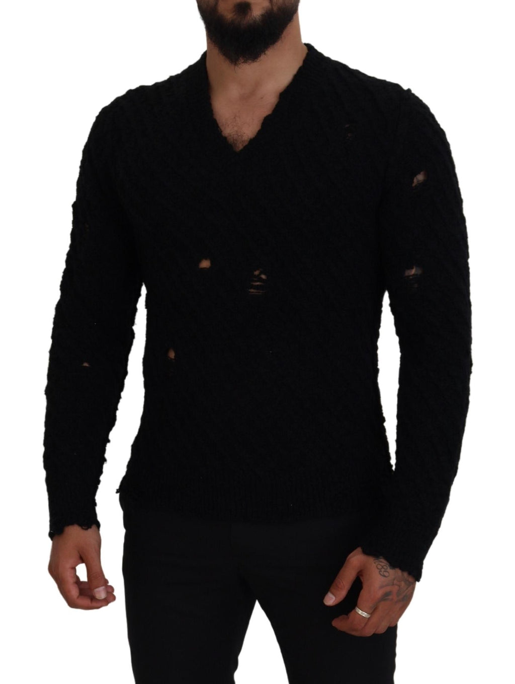 Dolce & Gabbana Black Wool V-neck Knitted Pullover Sweater - Zeiniez