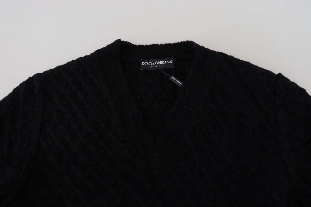 Dolce & Gabbana Black Wool V-neck Knitted Pullover Sweater - Zeiniez