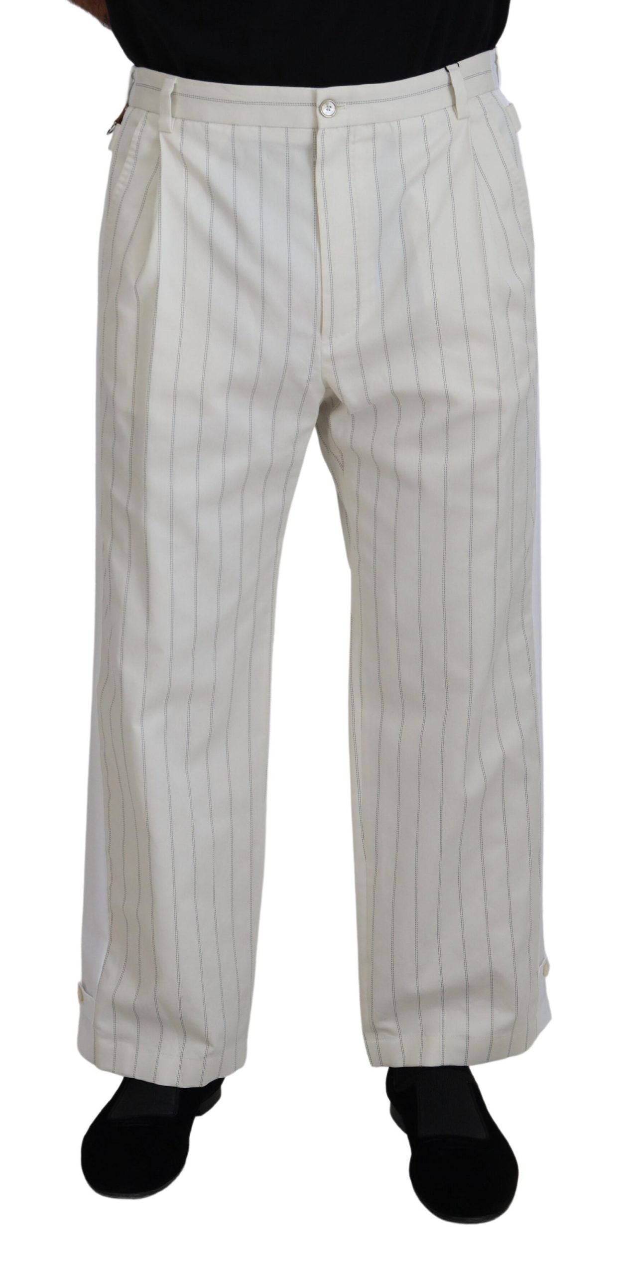 Dolce & Gabbana White Cotton Striped Formal Pants - Zeiniez