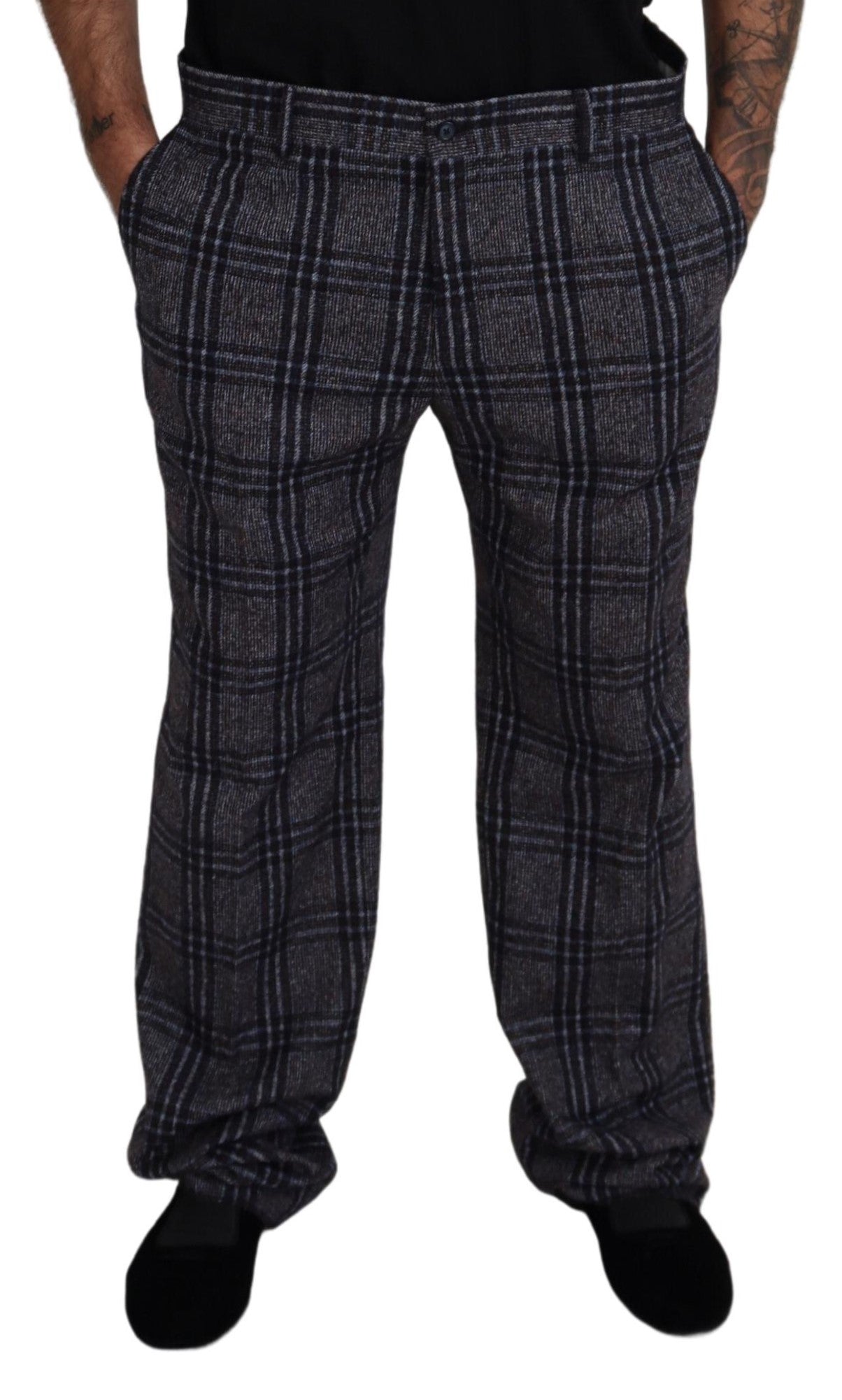 Dolce & Gabbana Gray Checkered Mid Waist Men Pants - Zeiniez