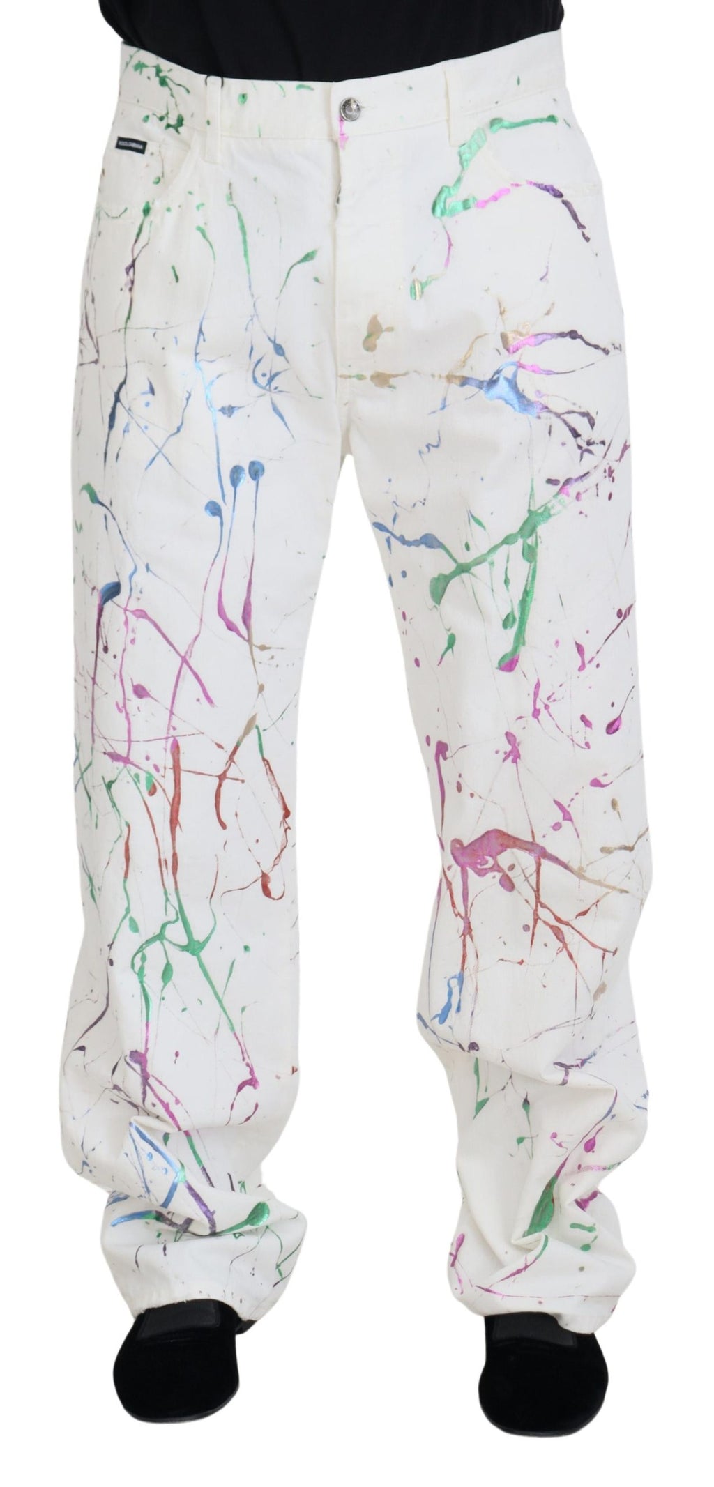Dolce & Gabbana White Cotton Color Splash Print Denim Pants - Zeiniez