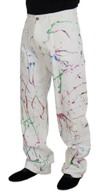 Dolce & Gabbana White Cotton Color Splash Print Denim Pants - Zeiniez