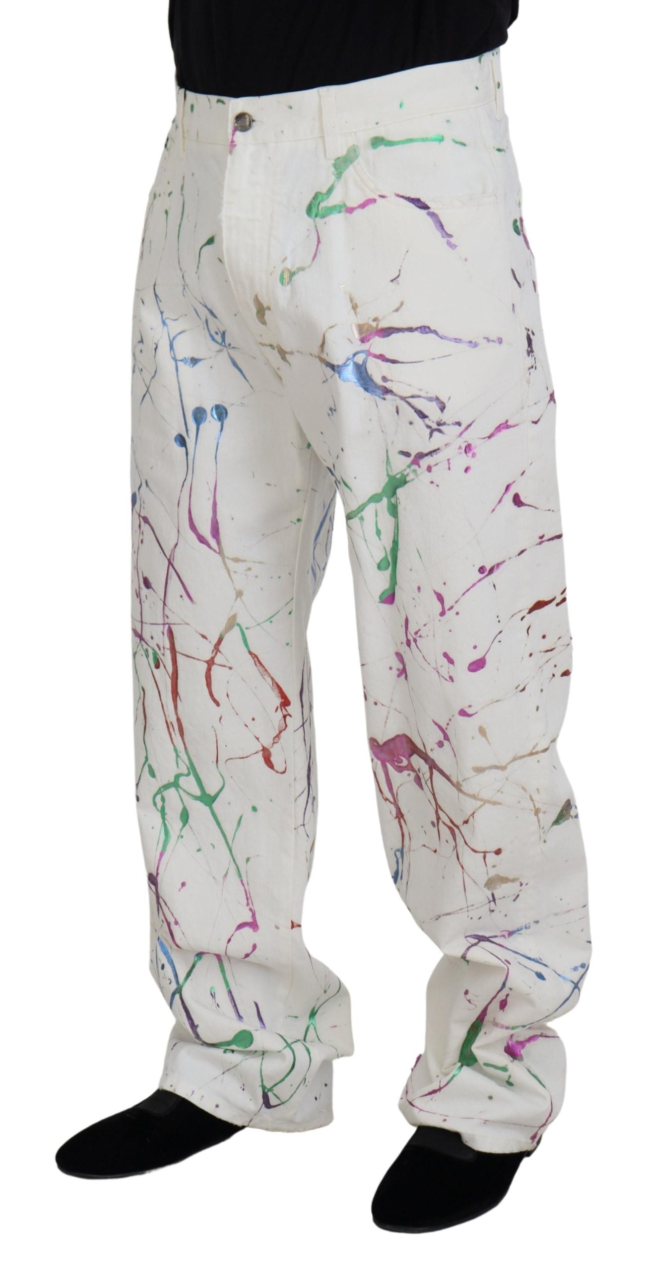 Dolce & Gabbana White Cotton Color Splash Print Denim Pants - Zeiniez