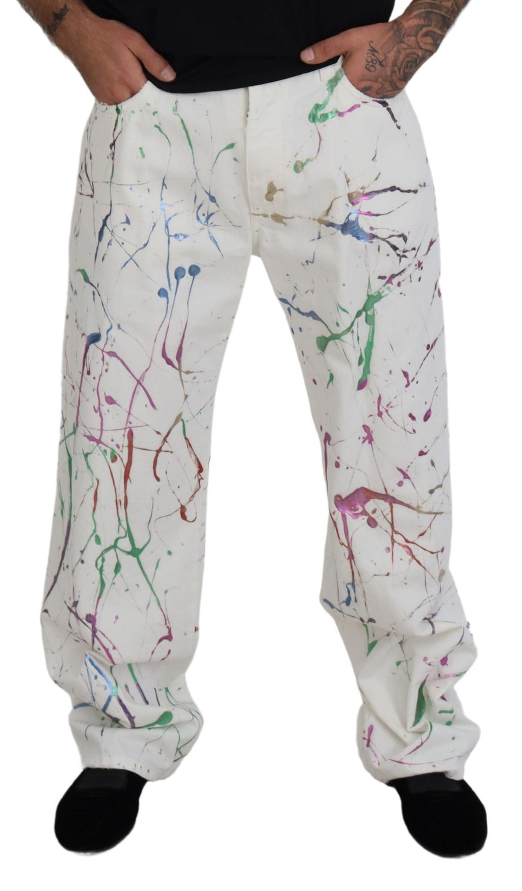 Dolce & Gabbana White Cotton Color Splash Print Denim Pants - Zeiniez