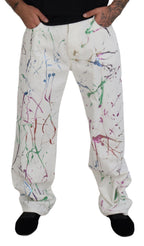Dolce & Gabbana White Cotton Color Splash Print Denim Pants - Zeiniez