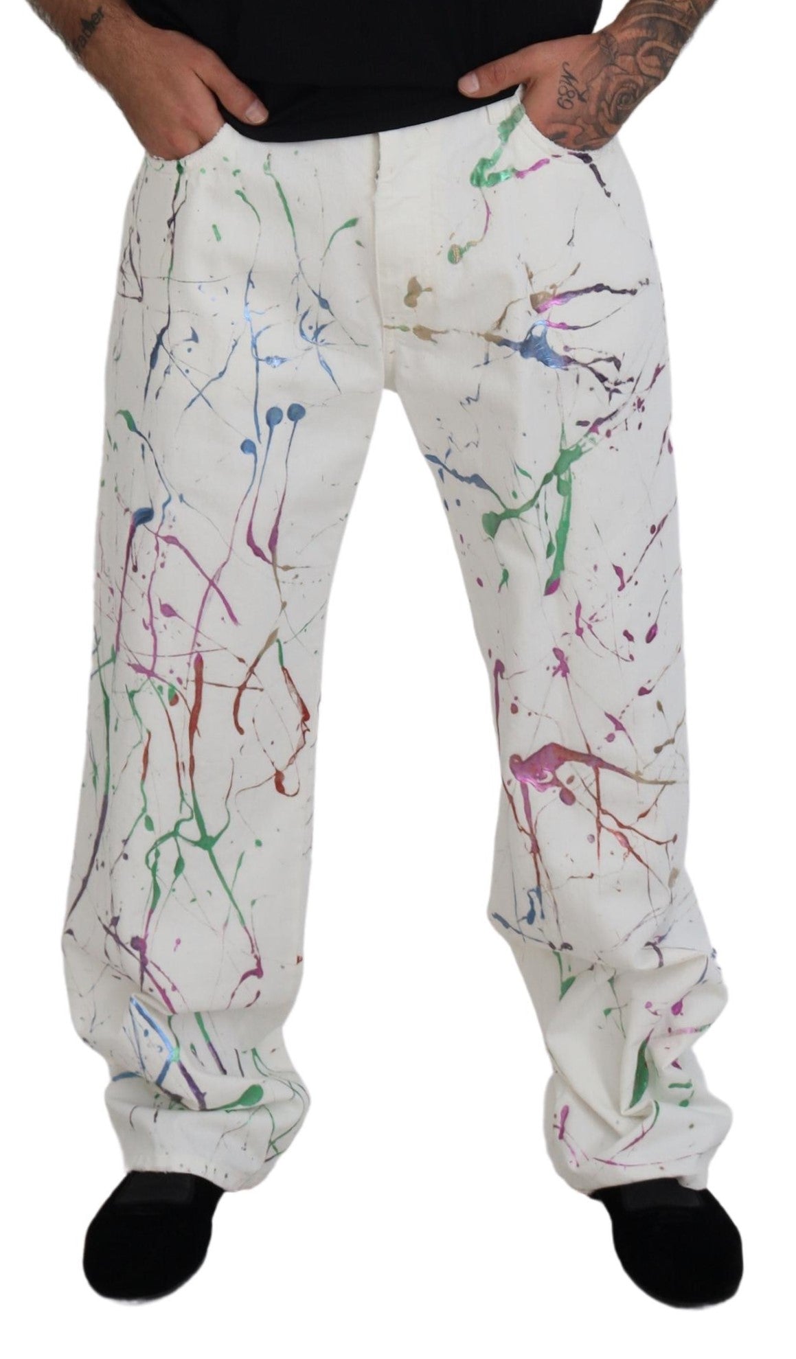 Dolce & Gabbana White Cotton Color Splash Print Denim Pants - Zeiniez