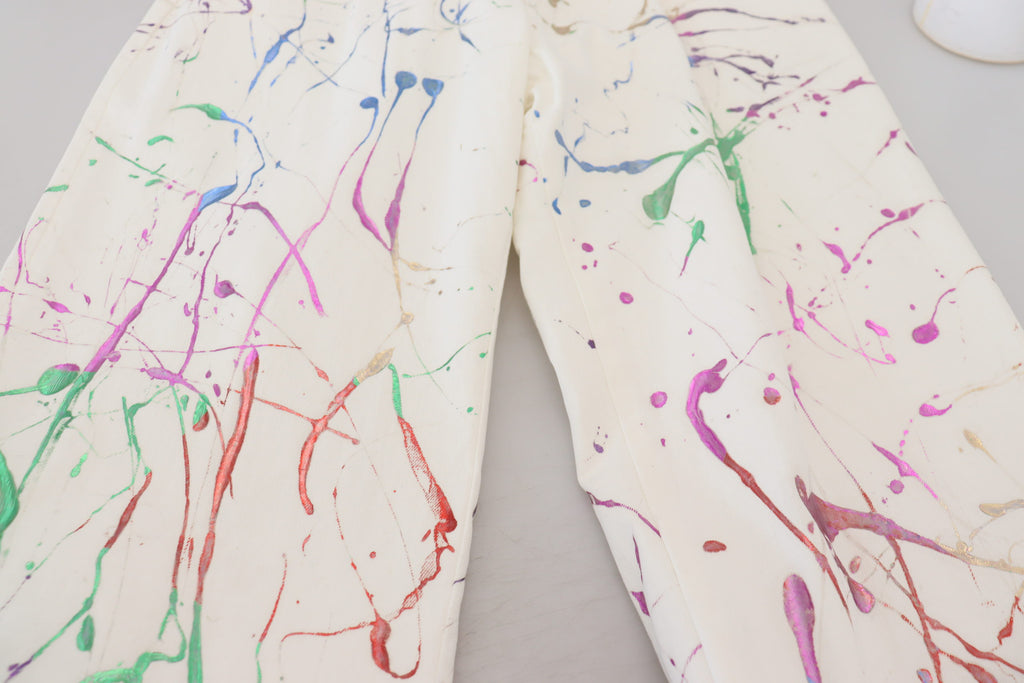 Dolce & Gabbana White Cotton Color Splash Print Denim Pants - Zeiniez