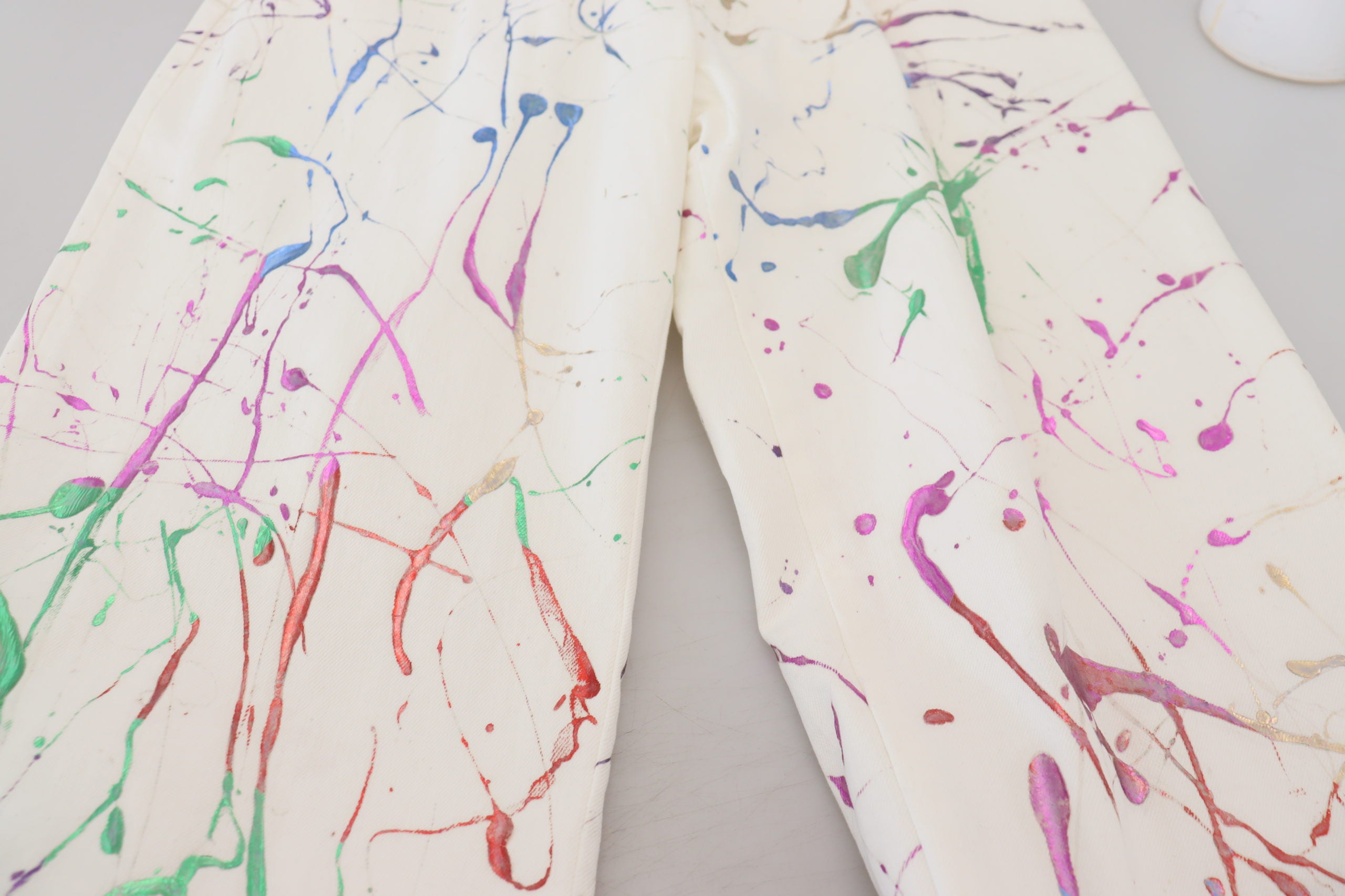 Dolce & Gabbana White Cotton Color Splash Print Denim Pants - Zeiniez