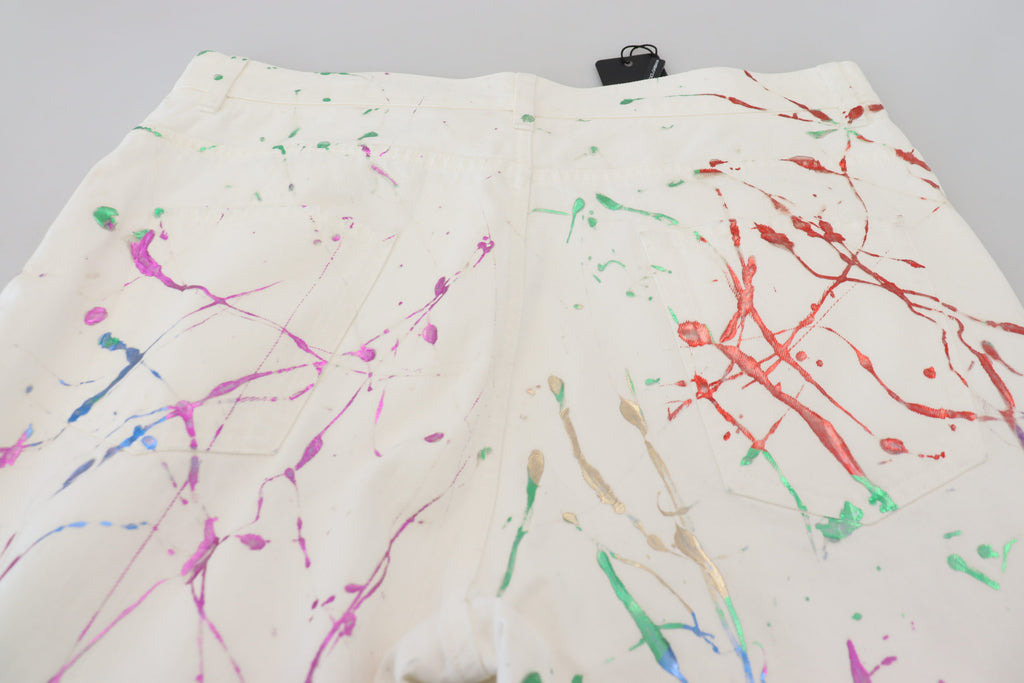 Dolce & Gabbana White Cotton Color Splash Print Denim Pants - Zeiniez