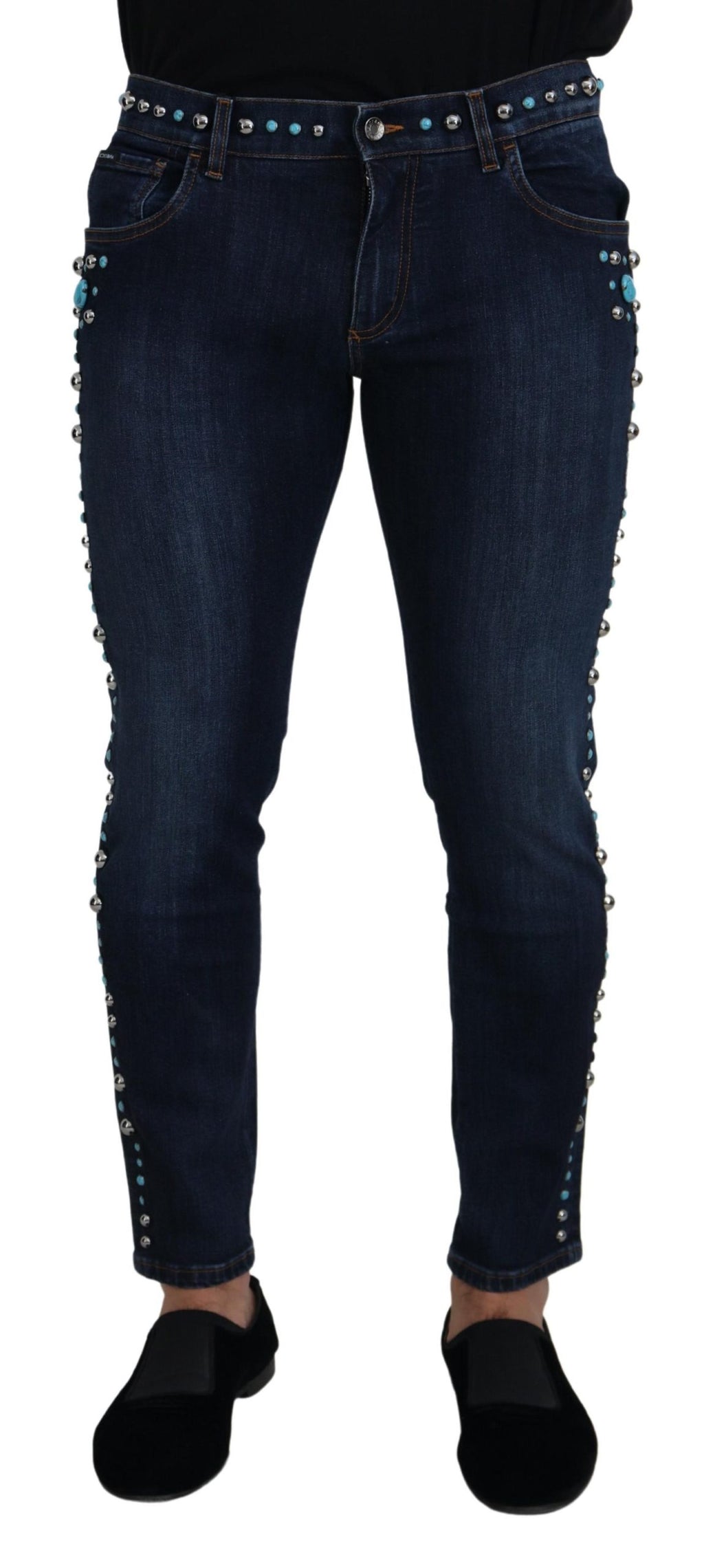 Dolce & Gabbana Blue Cotton Studded Low Waist Denim Jeans - Zeiniez