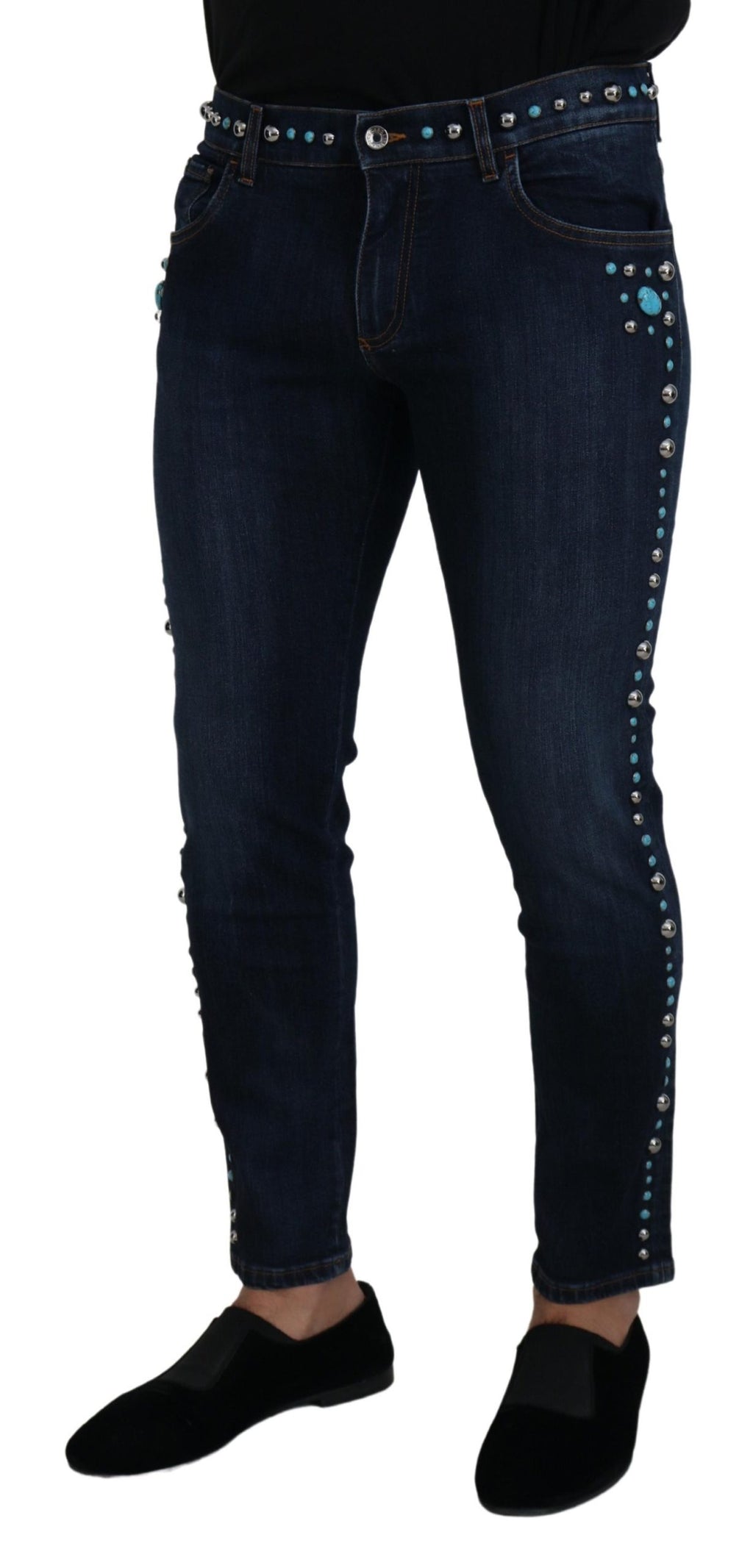 Dolce & Gabbana Blue Cotton Studded Low Waist Denim Jeans - Zeiniez