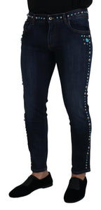 Dolce & Gabbana Blue Cotton Studded Low Waist Denim Jeans - Zeiniez