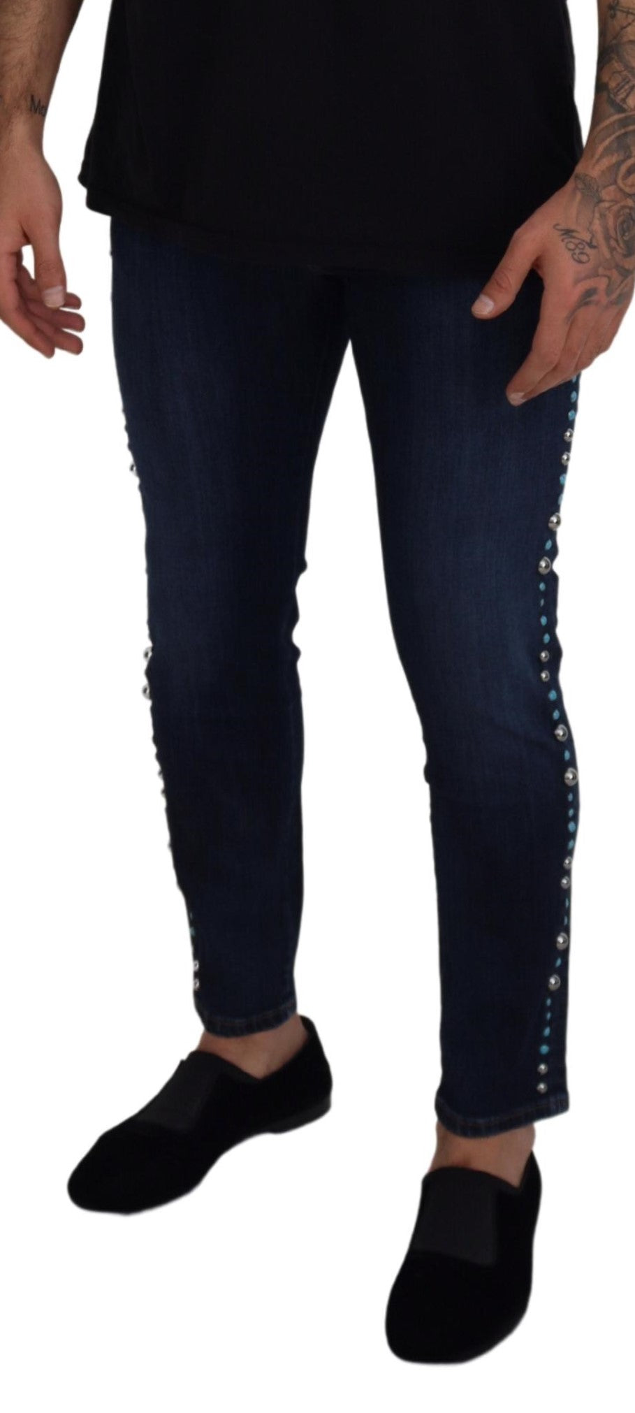 Dolce & Gabbana Blue Cotton Studded Low Waist Denim Jeans - Zeiniez