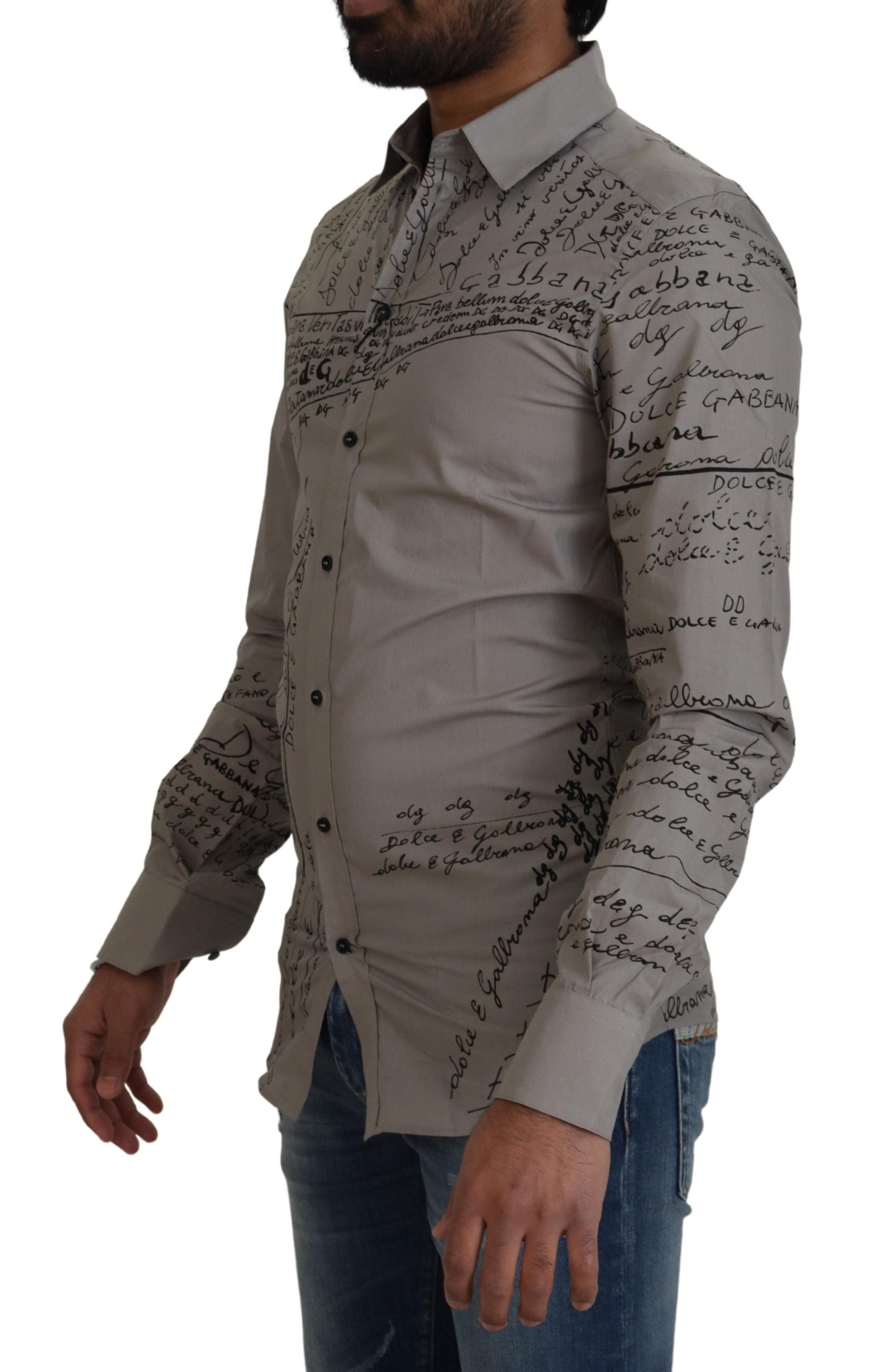 Dolce & Gabbana Gray Printed Cotton Slim Dress GOLD Shirt - Zeiniez