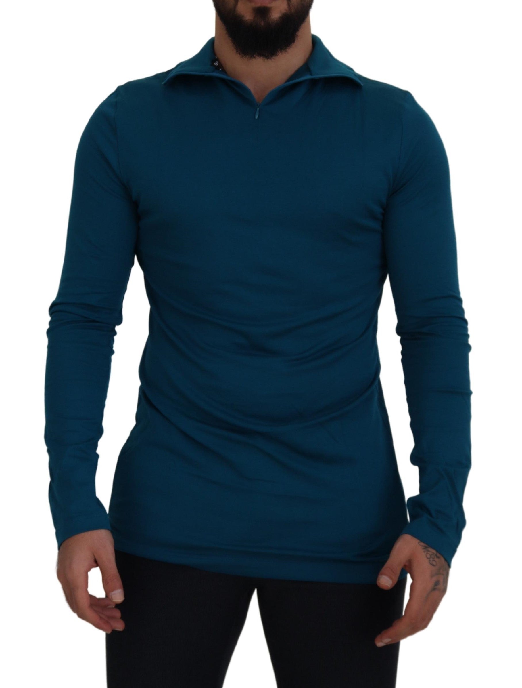 Dolce & Gabbana Blue Cotton Collared Slim Pullover Sweater - Zeiniez