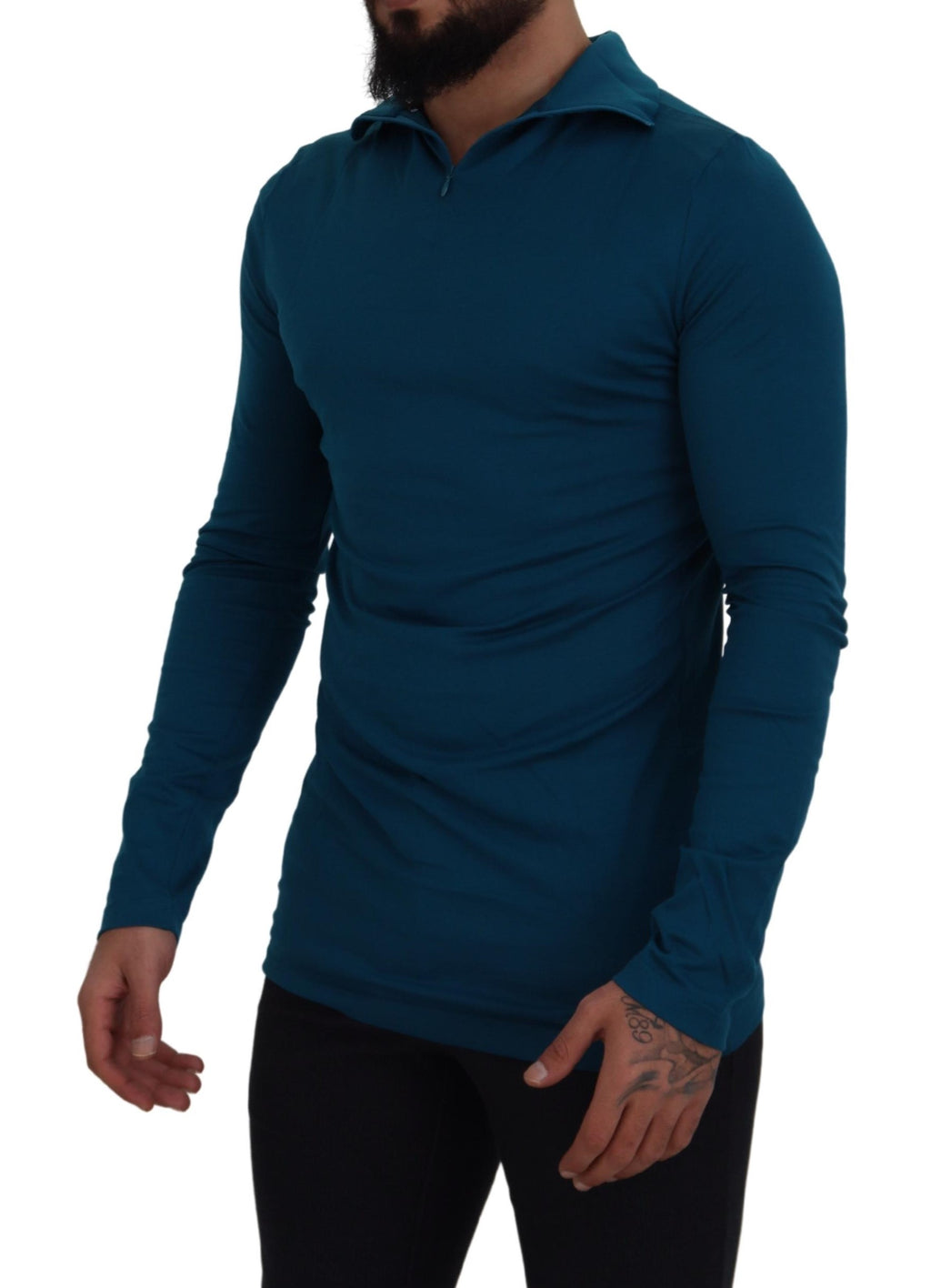 Dolce & Gabbana Blue Cotton Collared Slim Pullover Sweater - Zeiniez