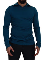 Dolce & Gabbana Blue Cotton Collared Slim Pullover Sweater - Zeiniez