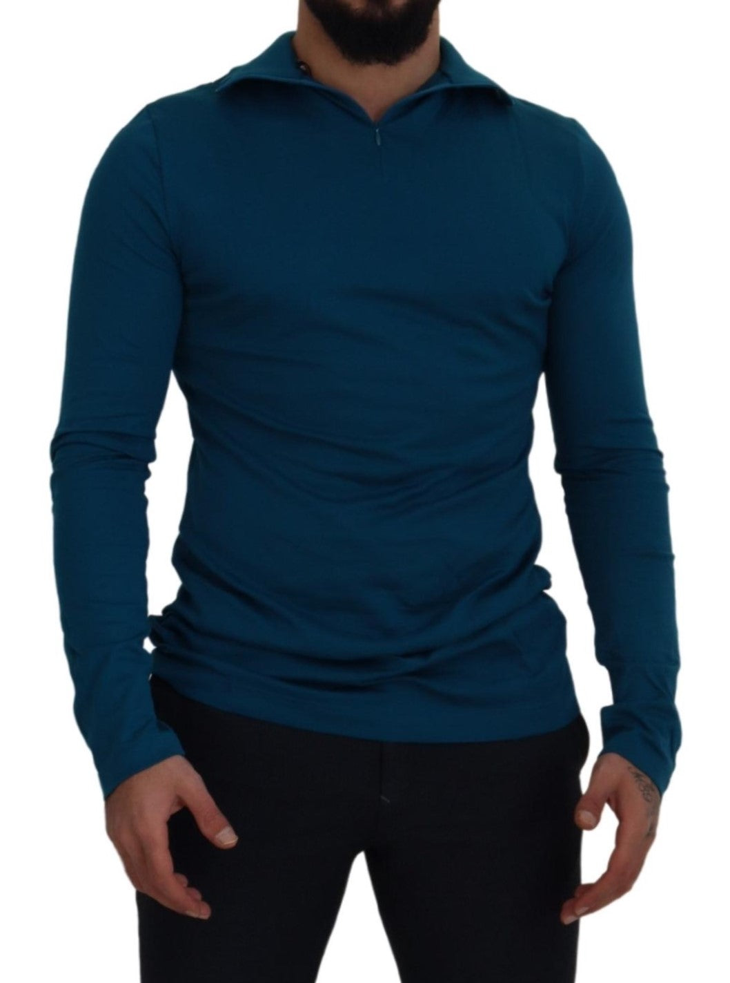 Dolce & Gabbana Blue Cotton Collared Slim Pullover Sweater - Zeiniez