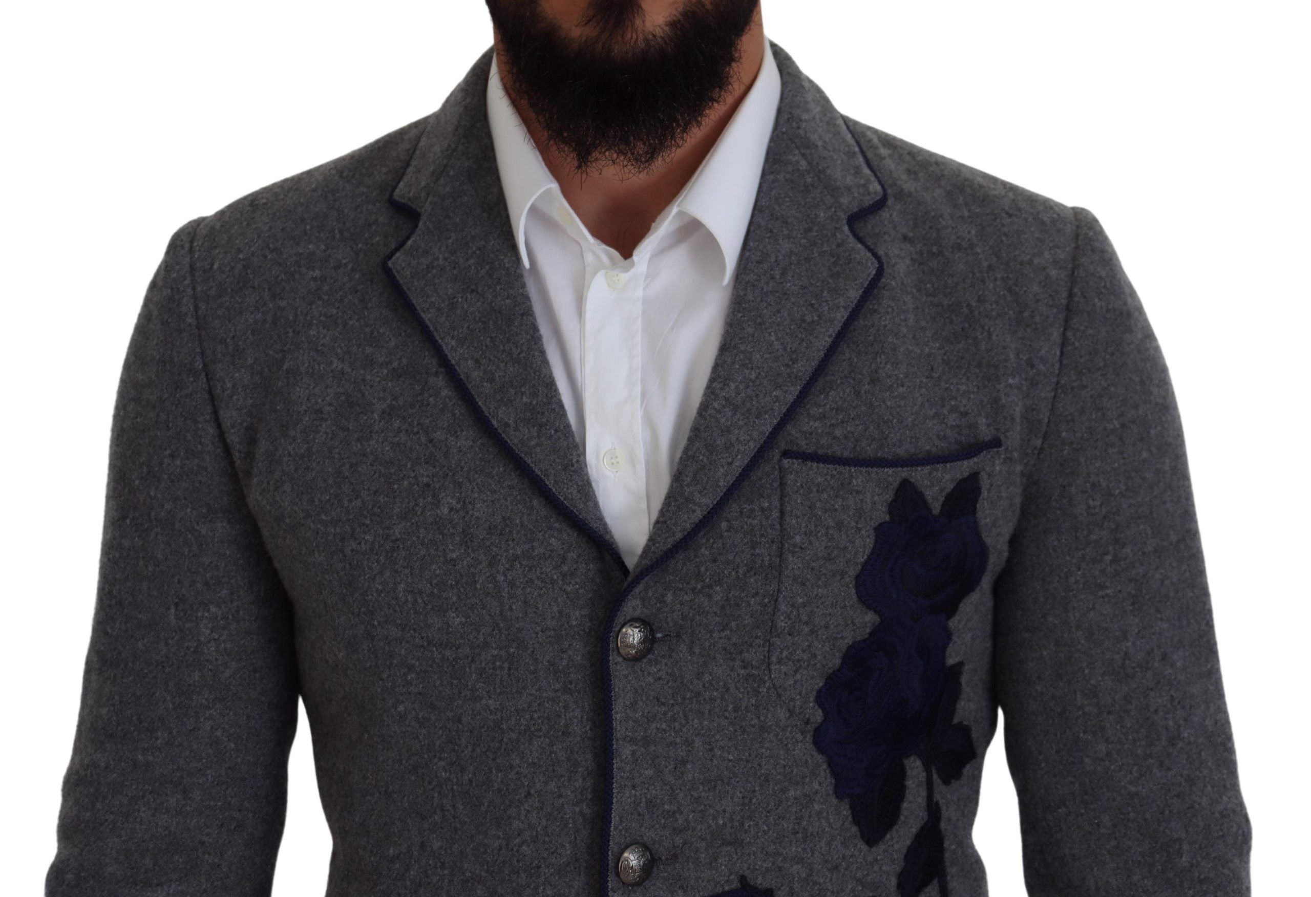 Dolce & Gabbana Gray Wool Roses Slim Fit Jacket Blazer - Zeiniez