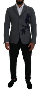 Dolce & Gabbana Gray Wool Roses Slim Fit Jacket Blazer - Zeiniez