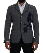 Dolce & Gabbana Gray Wool Roses Slim Fit Jacket Blazer - Zeiniez