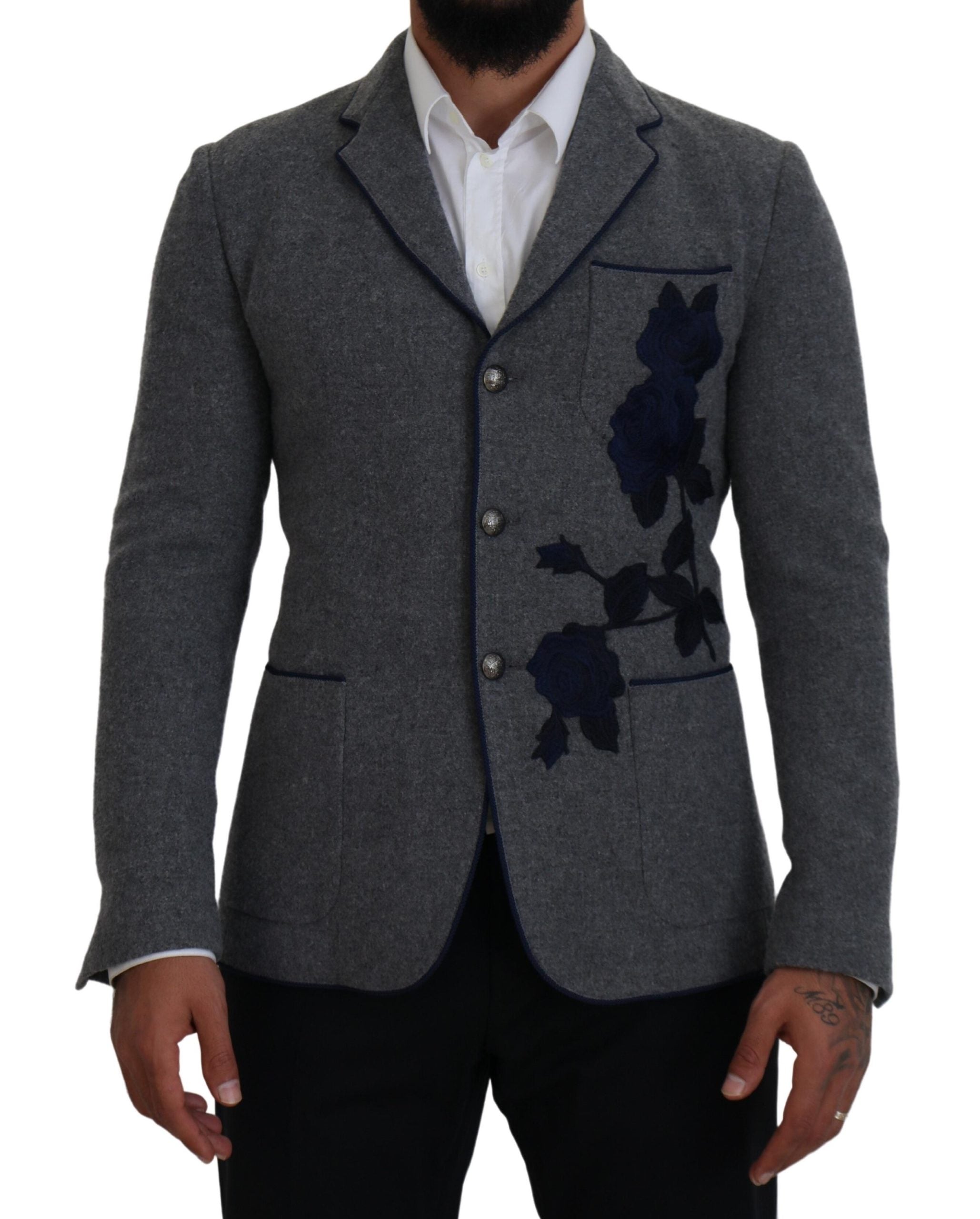 Dolce & Gabbana Gray Wool Roses Slim Fit Jacket Blazer - Zeiniez