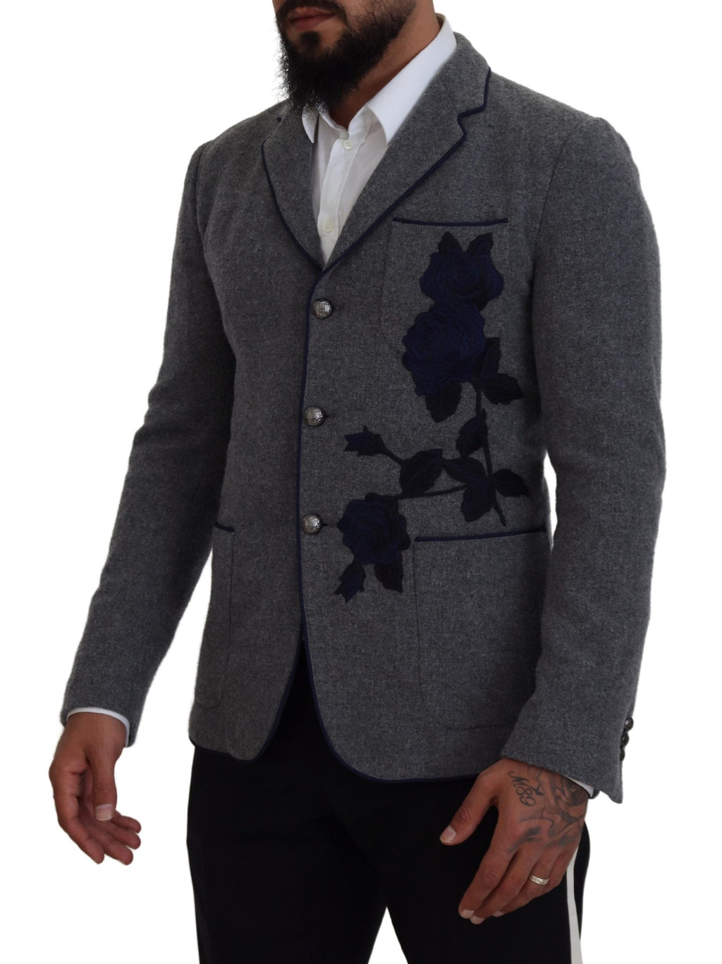Dolce & Gabbana Gray Wool Roses Slim Fit Jacket Blazer - Zeiniez