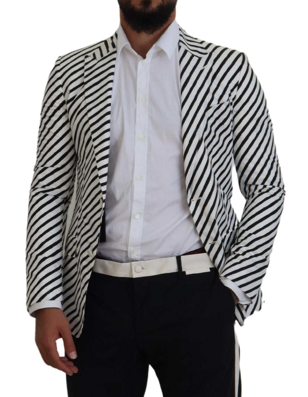 Dolce & Gabbana White Black Striped Slim Fit Jacket Blazer - Zeiniez