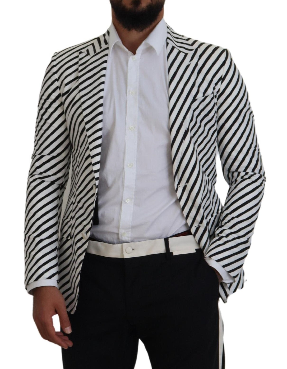 Dolce & Gabbana White Black Striped Slim Fit Jacket Blazer - Zeiniez