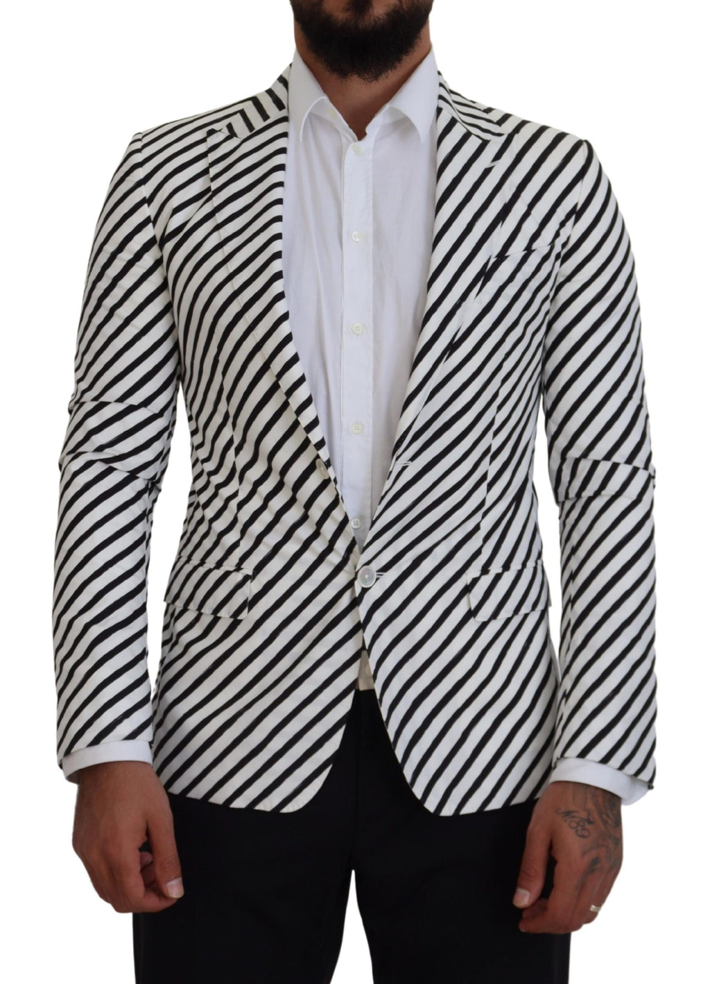 Dolce & Gabbana White Black Striped Slim Fit Jacket Blazer - Zeiniez