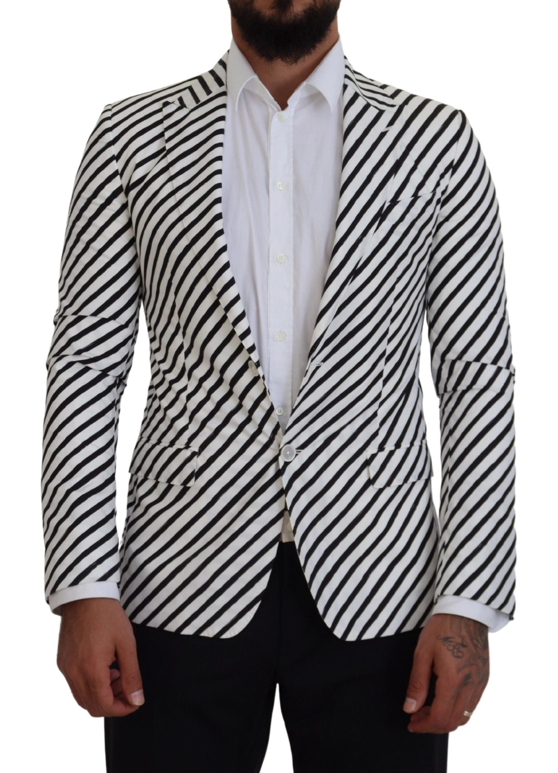 Dolce & Gabbana White Black Striped Slim Fit Jacket Blazer - Zeiniez