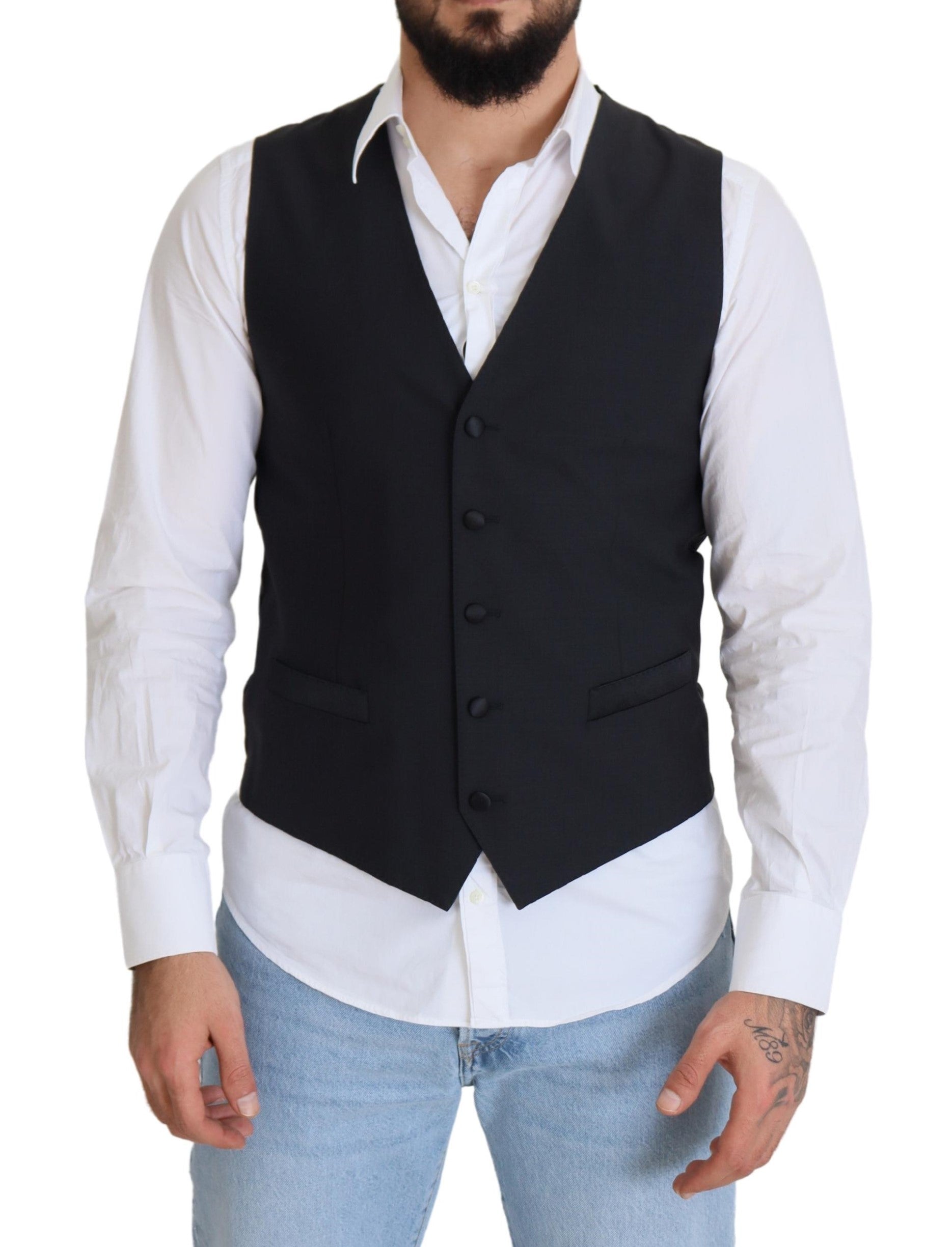 Dolce & Gabbana Black Wool Stretch Waistcoat Formal Vest - Zeiniez