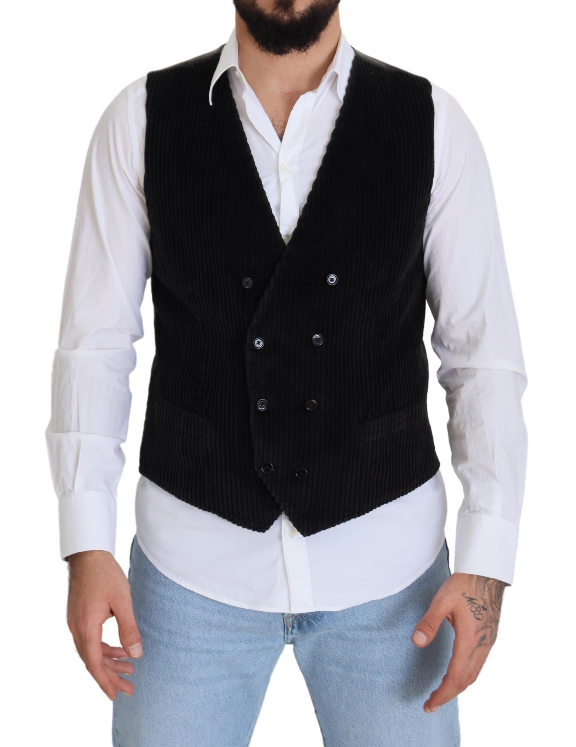 Dolce & Gabbana Black Cotton Double Breasted Waistcoat Vest - Zeiniez