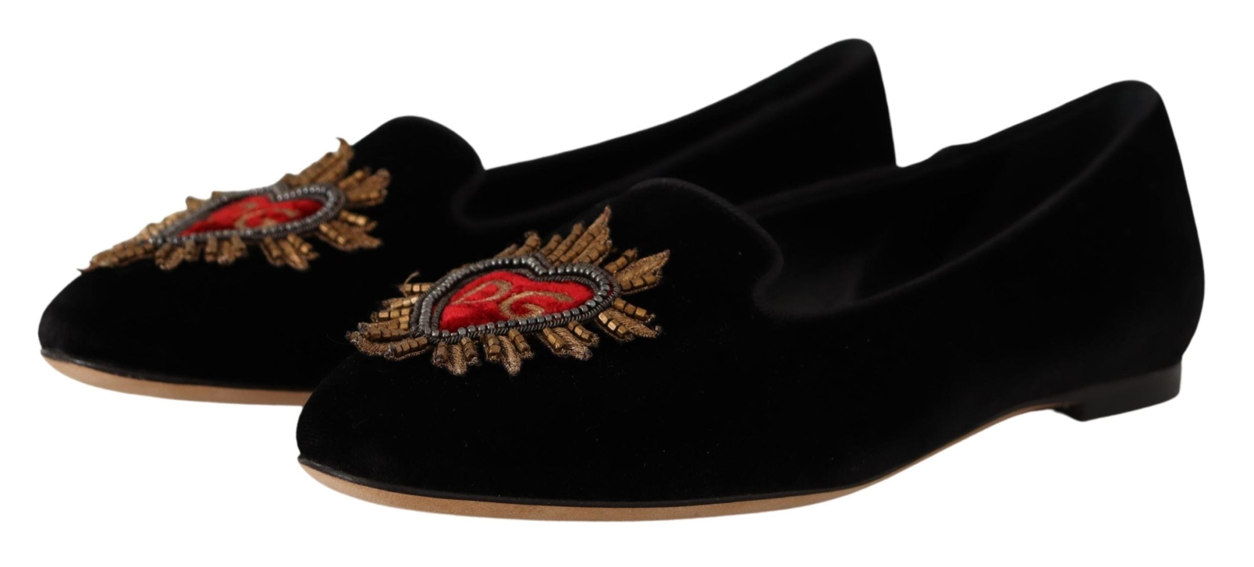 Dolce & Gabbana Black DG Sacred Heart Patch Slip On Flat Shoes - Zeiniez