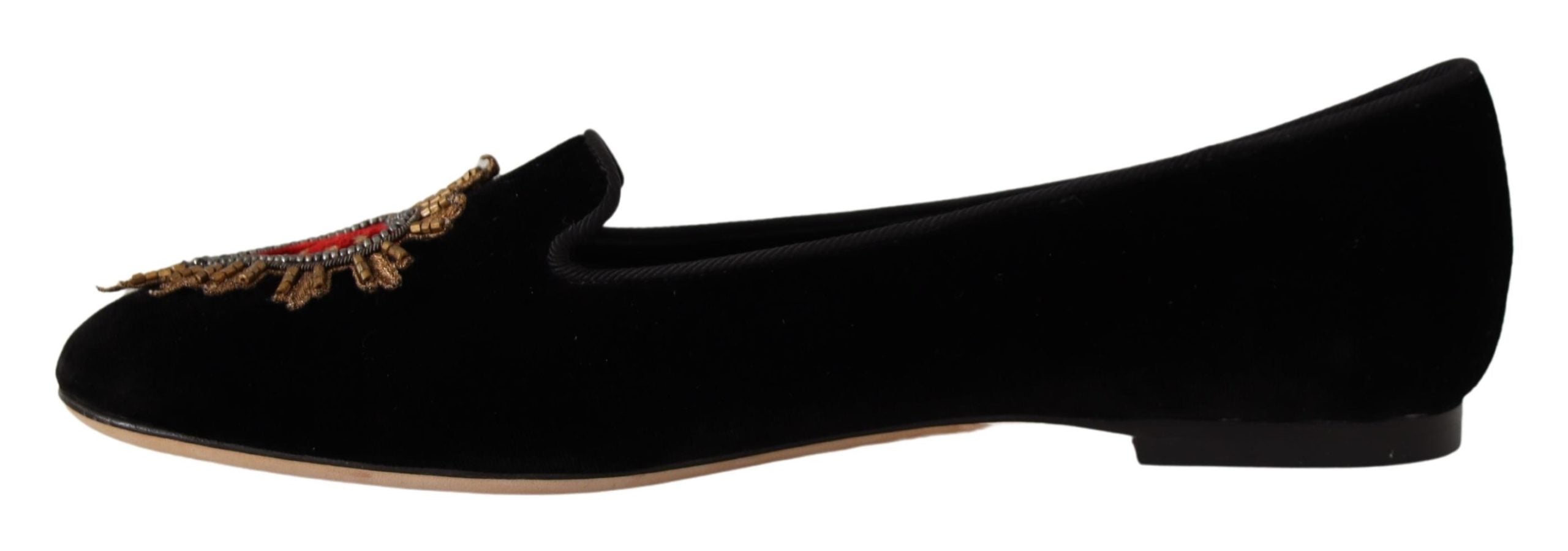 Dolce & Gabbana Black DG Sacred Heart Patch Slip On Flat Shoes - Zeiniez