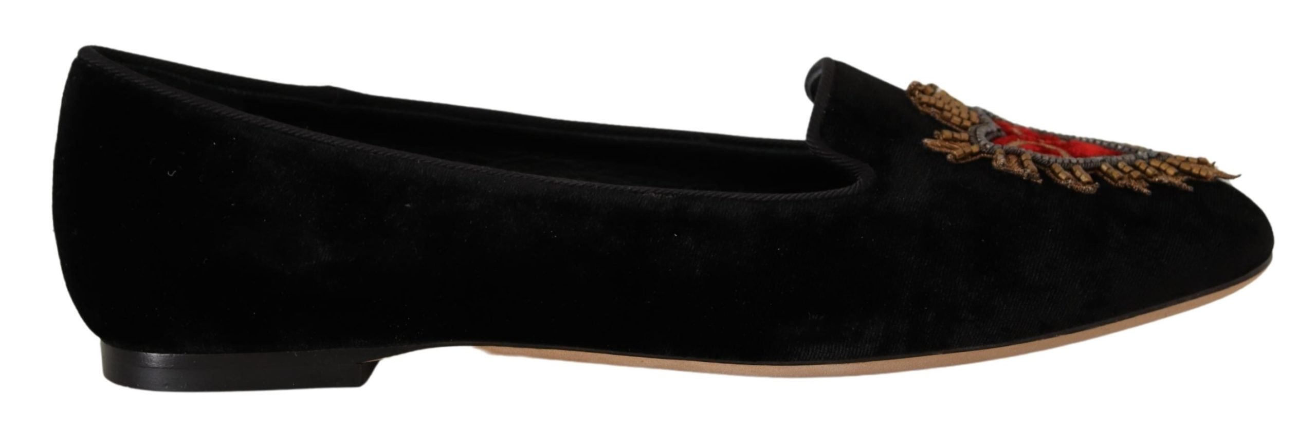 Dolce & Gabbana Black DG Sacred Heart Patch Slip On Flat Shoes - Zeiniez