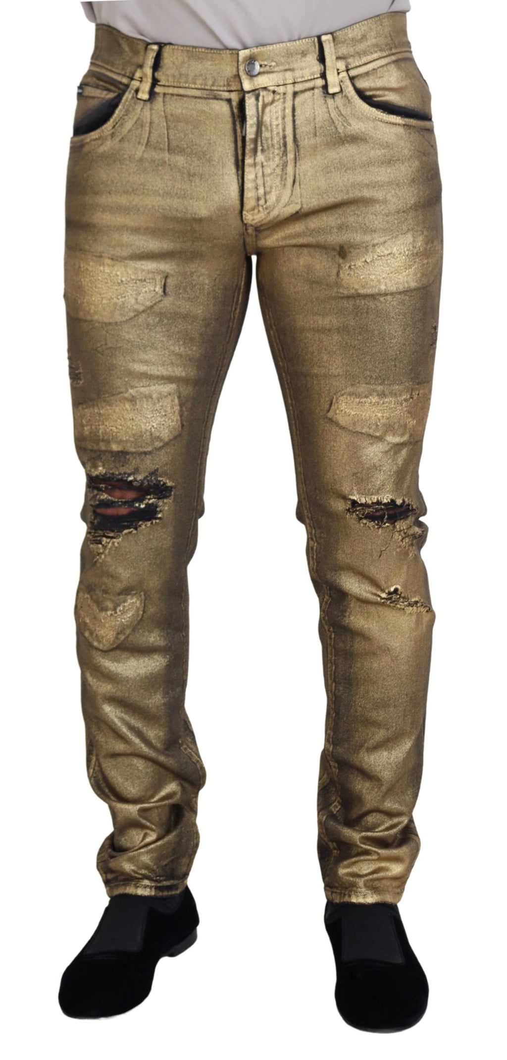Dolce & Gabbana Gold Cotton Tattered Skinny Men Denim Jeans - Zeiniez