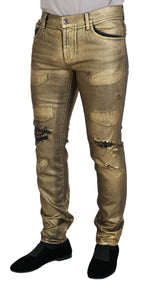 Dolce & Gabbana Gold Cotton Tattered Skinny Men Denim Jeans - Zeiniez