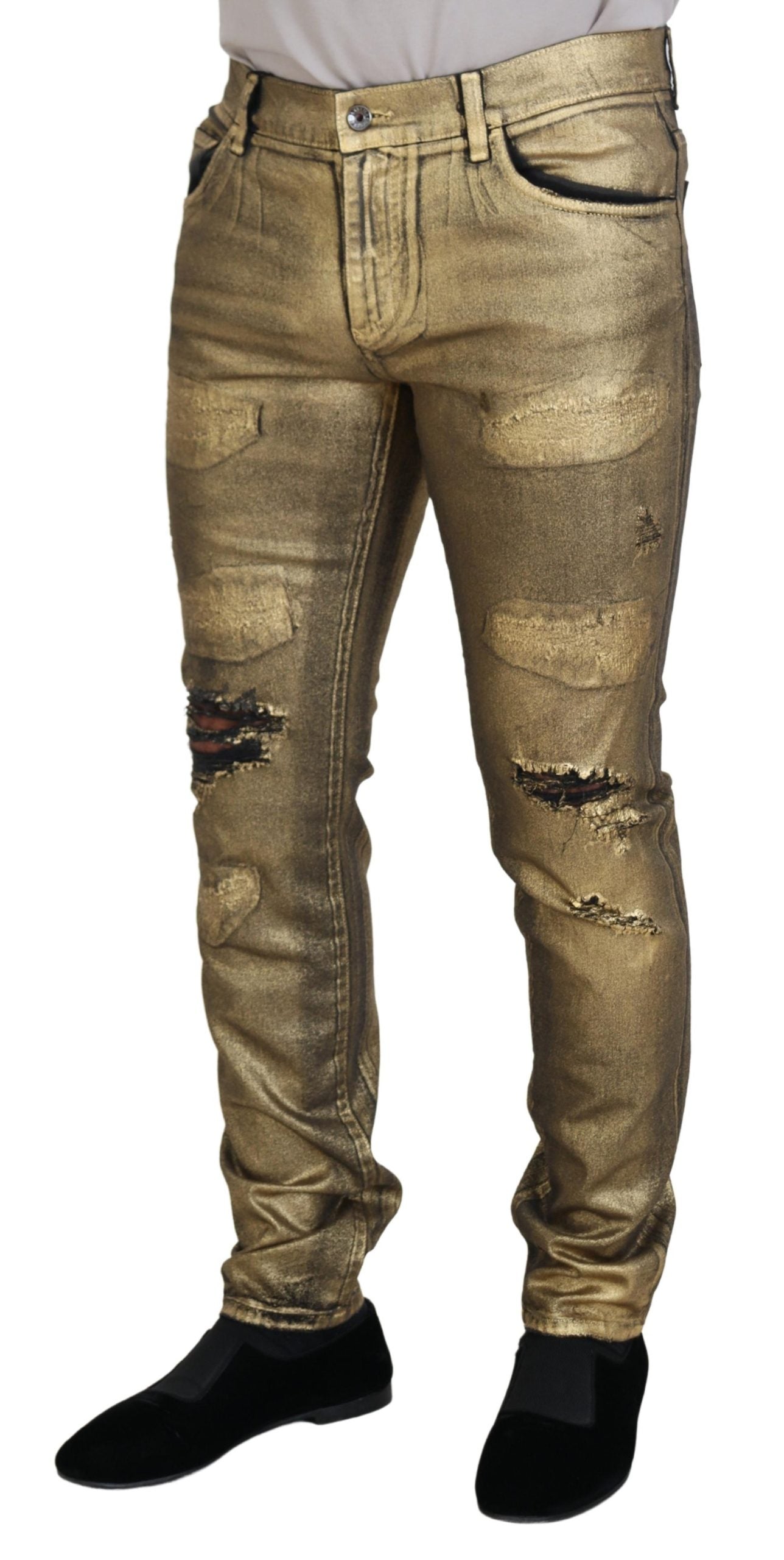 Dolce & Gabbana Gold Cotton Tattered Skinny Men Denim Jeans - Zeiniez